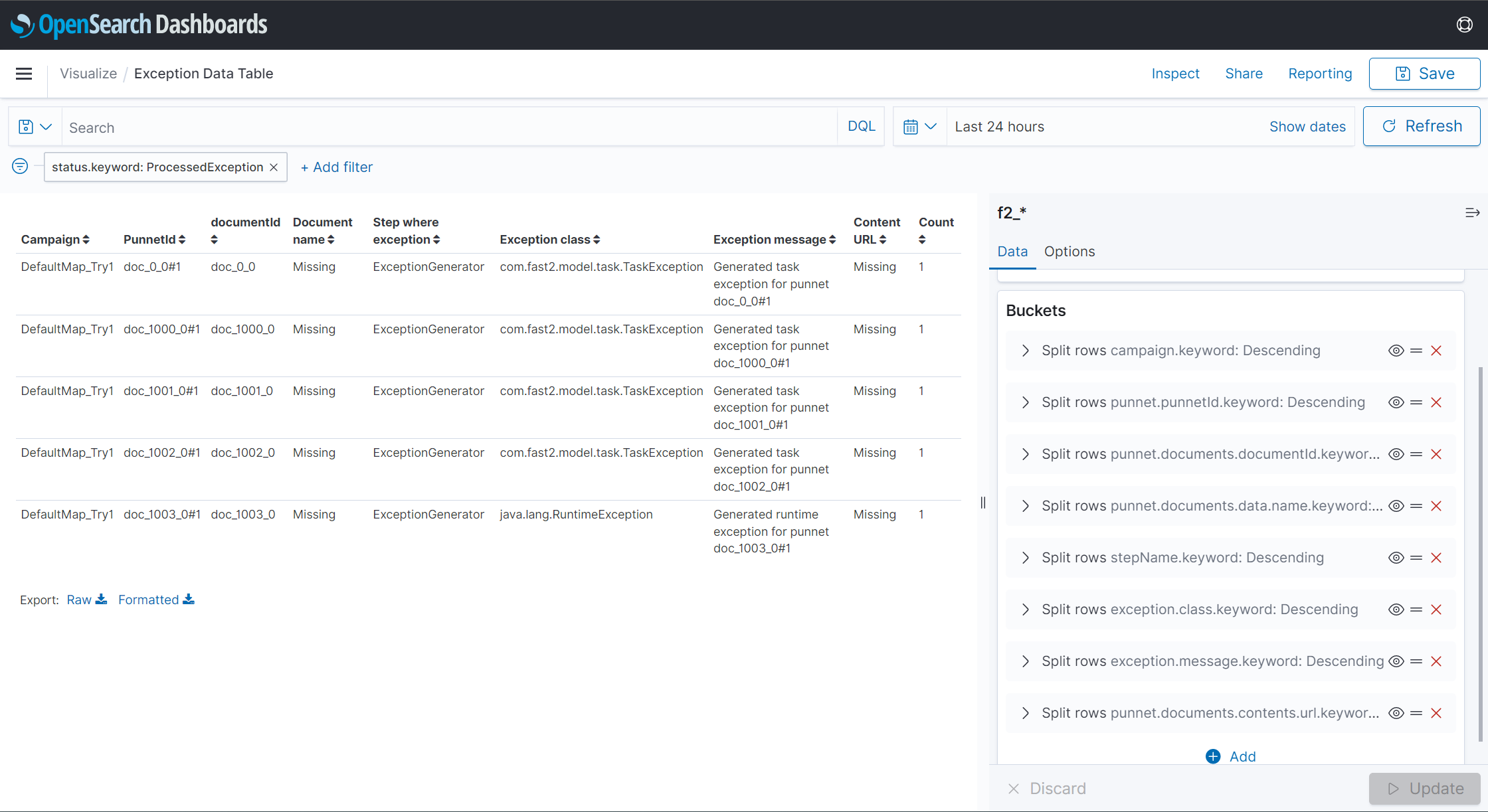 Dashboard for exception table